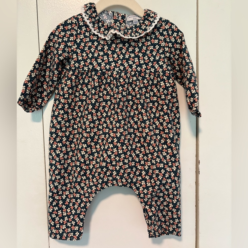 Maison Me Baby floral-patterned long-sleeve romper, corduroy material, sz 6-12M